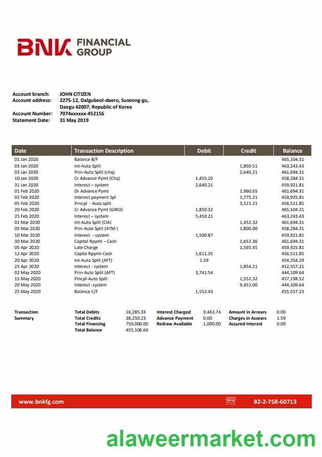 South Korea BNK bank statement template, Word and PDF format (.doc and .pdf)